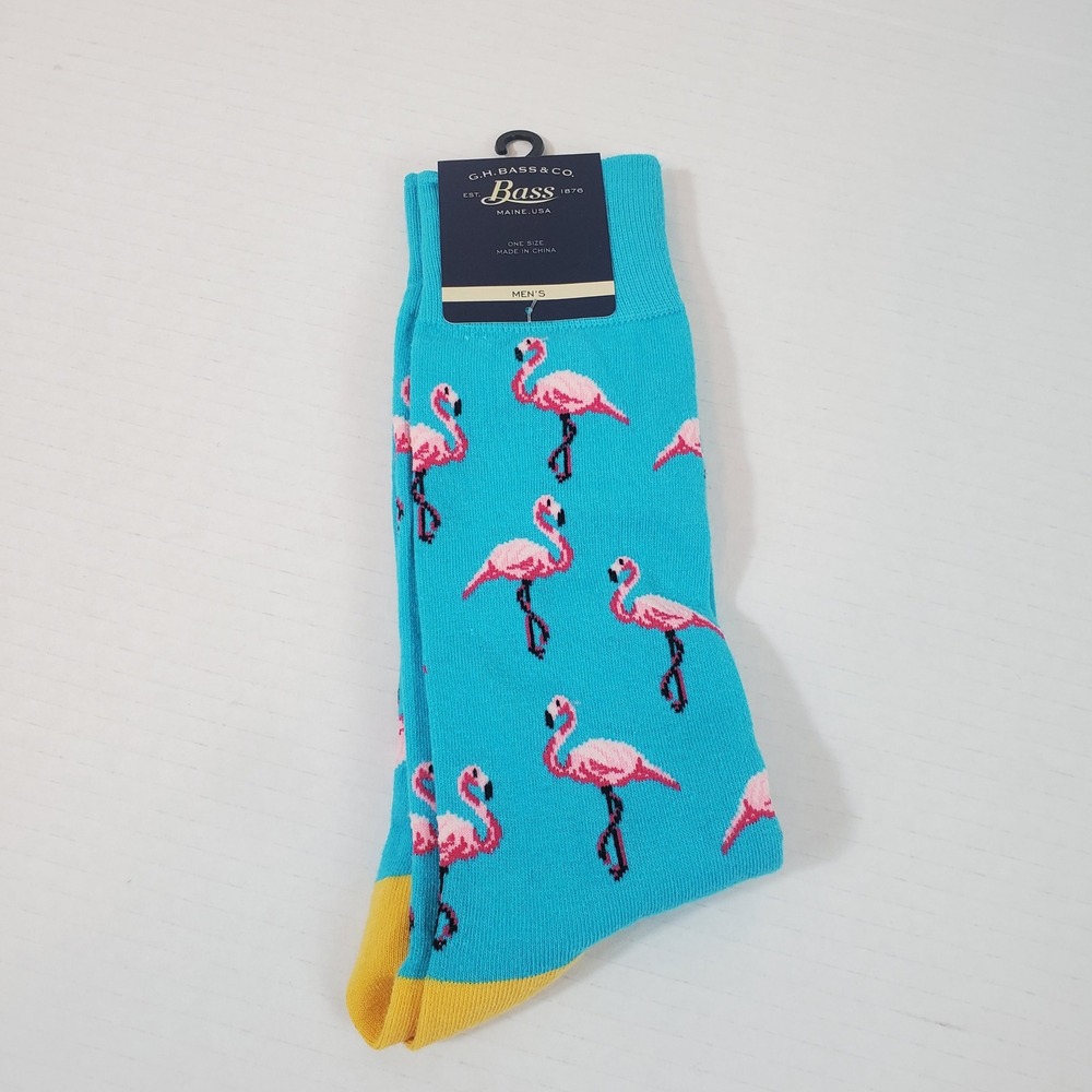 GH Bass Mens Flamingo Crew Socks Blue Yellow Tropical Novelty 0672 NEW